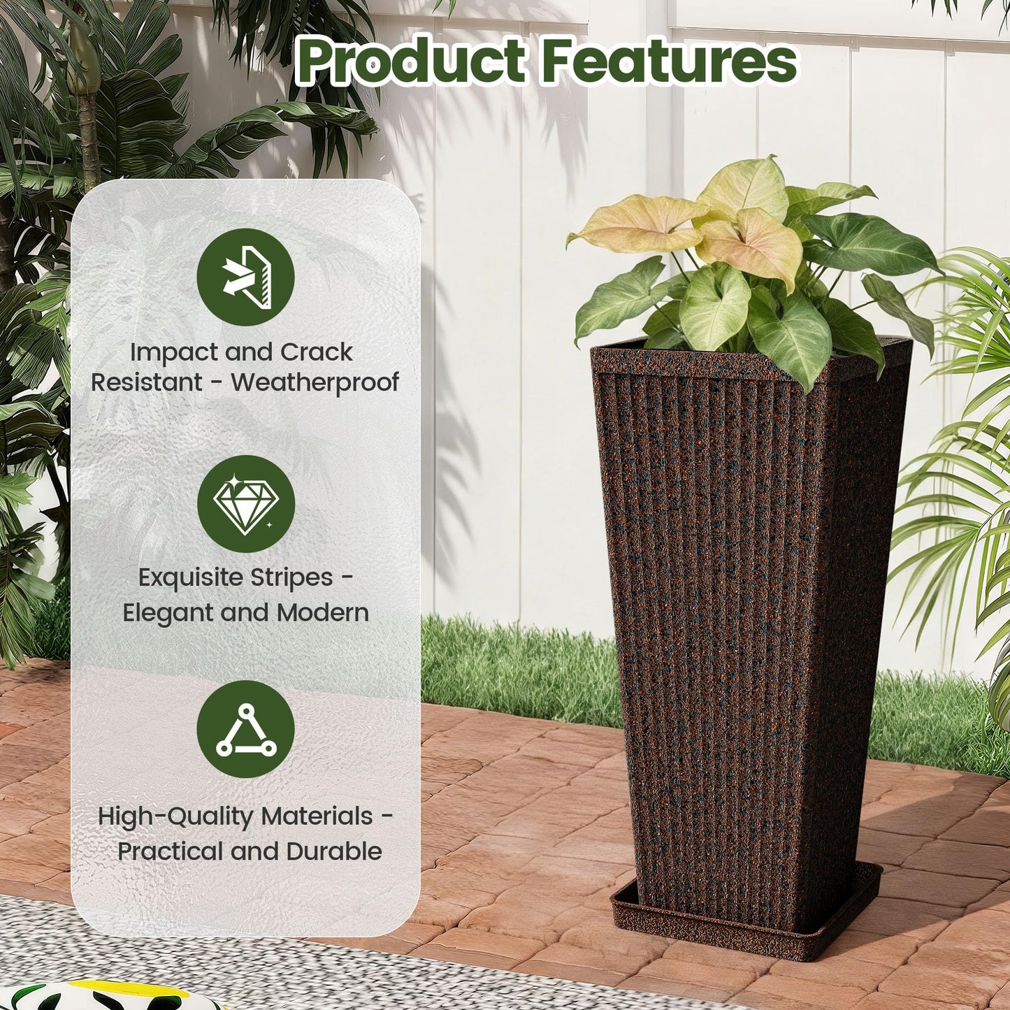 Diyfire Front Porch Planters Outdoor Set of 2, 24" Tall Plastic Planters for Outdoor Plants with Drainage, Extra Large Outdoor Planter Pots, Tapered Tall Planters for Front Door & Indoor Plants, Brown