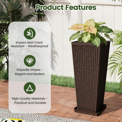 Diyfire Front Porch Planters Outdoor Set of 2, 24" Tall Plastic Planters for Outdoor Plants with Drainage, Extra Large Outdoor Planter Pots, Tapered Tall Planters for Front Door & Indoor Plants, Brown