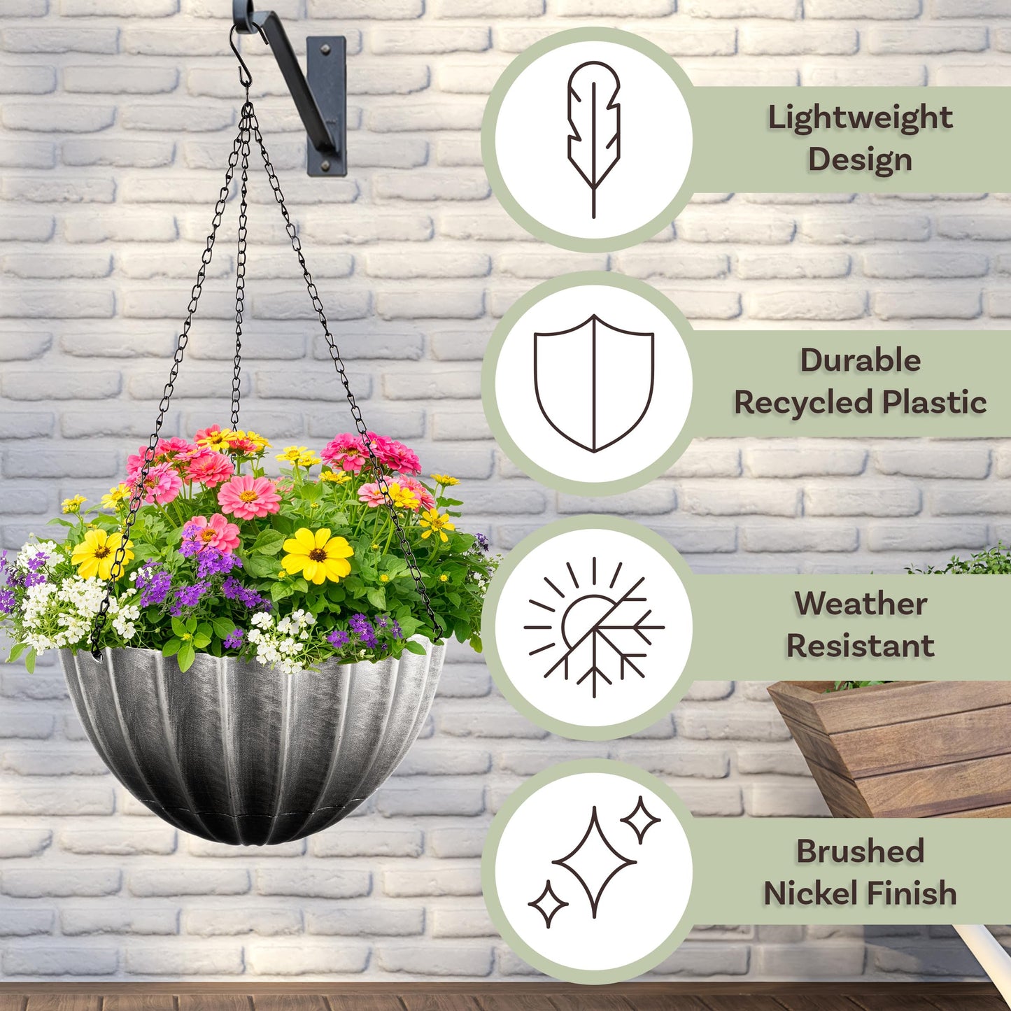 Hanging Planter 2-Pack - 12.5-Inch Durable Plastic Hanging Planters for Indoor Plants or Outdoor Porch Decor with 3 Drainage Holes and Removable Bottom Reservoir by Pure Garden (Gray)