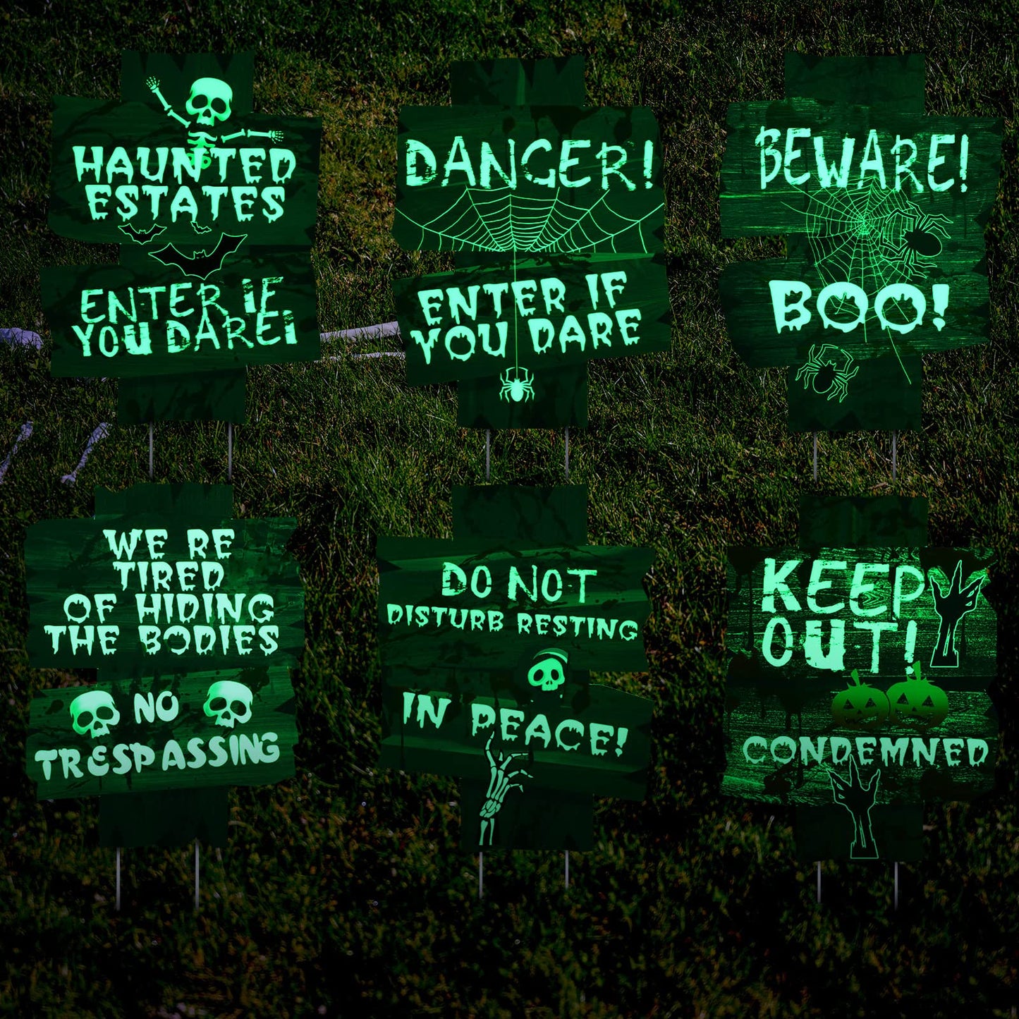 6 Pcs Halloween Decorations Glow in Dark Yard Sign Fluorescence Scary Halloween Outdoor Decorations Beware Props for Lawn Graveyard Graves Haunted House Zombie Vampire Graves Holiday Party