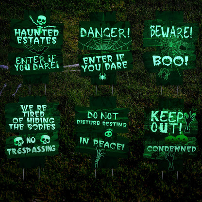 6 Pcs Halloween Decorations Glow in Dark Yard Sign Fluorescence Scary Halloween Outdoor Decorations Beware Props for Lawn Graveyard Graves Haunted House Zombie Vampire Graves Holiday Party