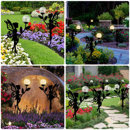 Ouddy Decor 2 Pack Solar Fairy Garden Decor, Metal Statues with Crackle Glass Globe Lights Silhouette Waterproof for Outdoor Lawn Patio Yard Pathway Home Mother's Day Decorations Gardening Gifts