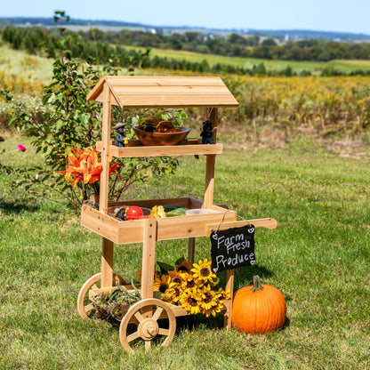 Sunnydaze Country Market Flower Cart Display Stand with Wheels - 2 Shelves - Fir Wood - 30 lb Weight Capacity - Natural Fir