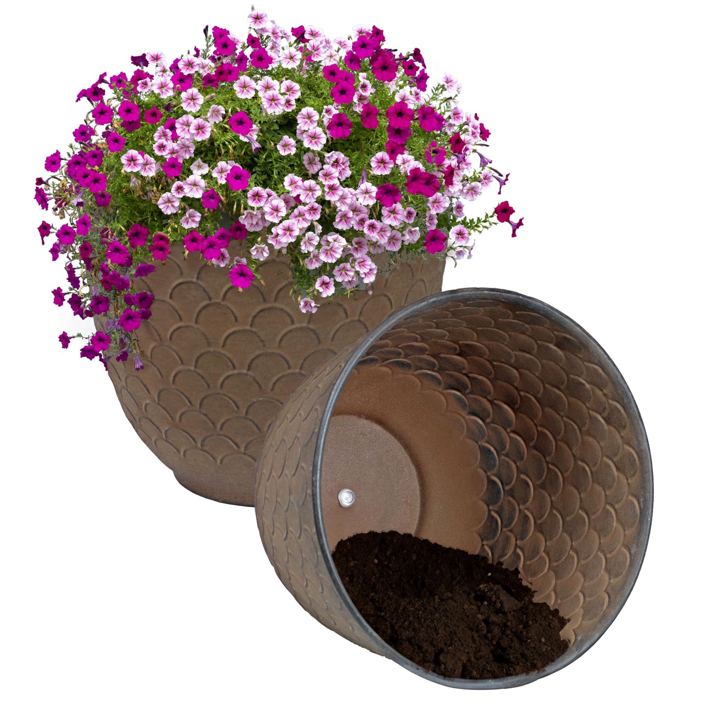Sunnydaze Dinah 12.5" Metal Outdoor Plant Pot Set with Drainage Holes and Rubber Plugs - Matte Brown - Set of 2