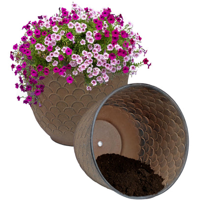 Sunnydaze Dinah 12.5" Metal Outdoor Plant Pot Set with Drainage Holes and Rubber Plugs - Matte Brown - Set of 2