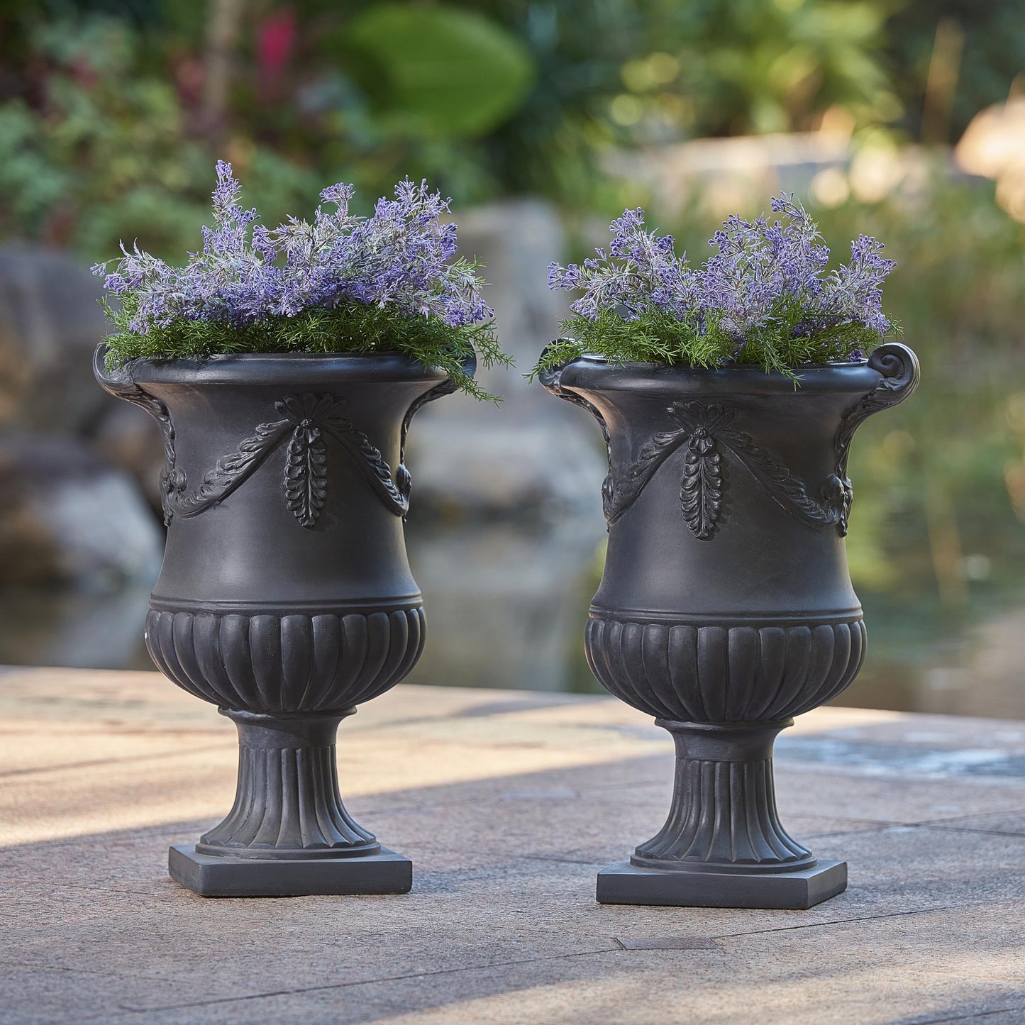 Christopher Knight Home Gary MGO Round Planters Set of 2, Outdoor Flower Pots with Floral Relief Carvings, Classical Garden Urn with Drainage Hole, Patio Urn Planters for Garden, No Assembly, Black
