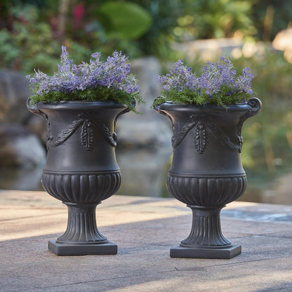Christopher Knight Home Gary MGO Round Planters Set of 2, Outdoor Flower Pots with Floral Relief Carvings, Classical Garden Urn with Drainage Hole, Patio Urn Planters for Garden, No Assembly, Black