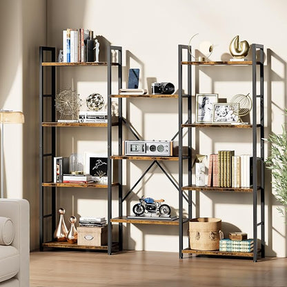 Shintenchi Triple Column 4 Tier Bookshelf, Industrial Large Bookcase Display Shelves, Large Etagere Bookshelf,Wide Book Shelf Book Case for Home & Office, Rustic Brown