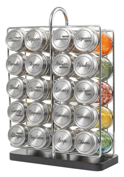 Orii 20 Jar Spice Rack Stainless Steel with Spices Included - Standing Rack Shelf Holder & Countertop Spice Rack Tower Organizer for Kitchen Spices