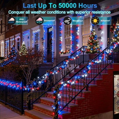 XIKENGSHQ 240FT 750LED Christmas String Lights, Waterproof, 12 Modes, Red Blue White, Green Wire, for Indoor/Outdoor Decor