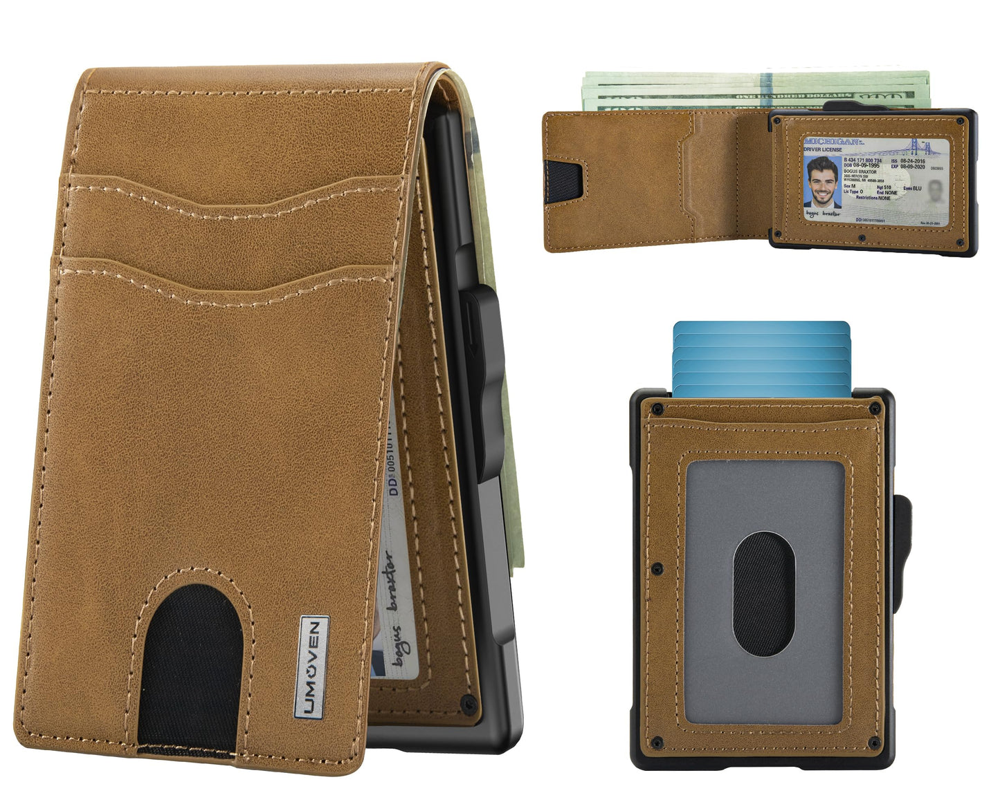 Wallet for Men - Pop Up Case, Cash Slot, and Credit Card Slot - Slim Aluminum Wallet with RFID Blocking, Minimalist Leather Wallet Front Pocket with ID Window (Browns)