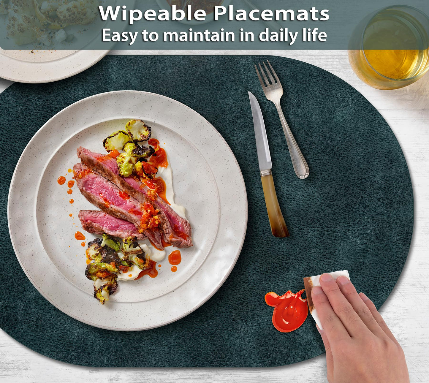 ADRIMER Placemats, Heat Resistant Oval Placemats Set of 12 Washable 12 x 17 Inch, Waterproof Table Mats, Wipeable Pu Place Mats for Kitchen, Dining Room, Dark Blue