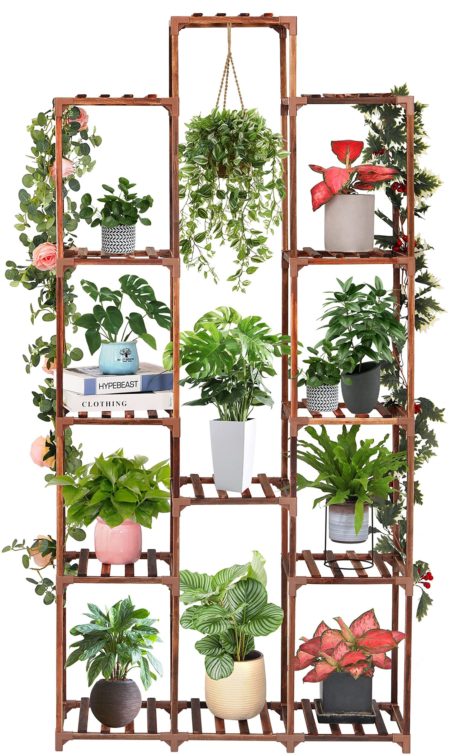 XXXFLOWER Plant Stand Indoor Outdoor 13 Tiers Wood Plant Shelf+ 2 Pack Hanging Baskets Plastic Flower Pot（Green）