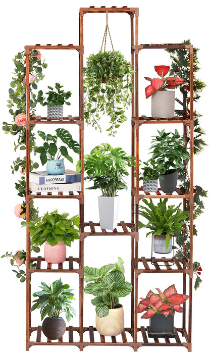 XXXFLOWER Plant Stand Indoor Outdoor 13 Tiers Wood Plant Shelf+ 2 Pack Hanging Baskets Plastic Flower Pot（Green）