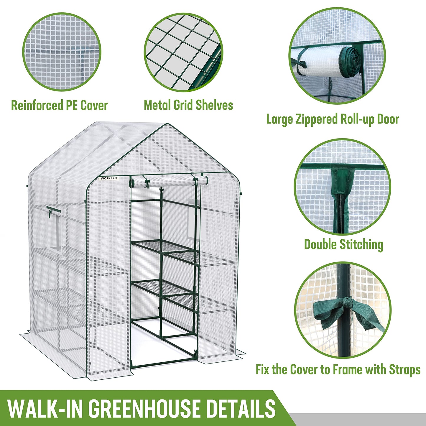 WORKPRO Greenhouse, 56” x 56” x 77” Heavy Duty Walk in Greenhouses for Outdoors with Screen Windows, Thicken PE Cover, 3 Tier 8 Shelves Portable Green House Kit for Patio, Backyard and Porch