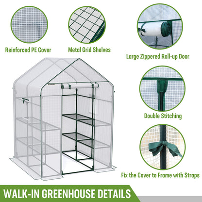 WORKPRO Greenhouse, 56” x 56” x 77” Heavy Duty Walk in Greenhouses for Outdoors with Screen Windows, Thicken PE Cover, 3 Tier 8 Shelves Portable Green House Kit for Patio, Backyard and Porch