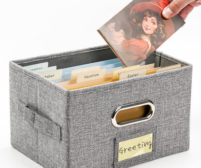 Greeting Card Organizer and Storage Box with 20 Pcs Adjustable Dividers, Storing Cards with 84 Pcs Labels Perfect for Storing Greeting Cards, Envelopes, Photos 2 Pack Grey