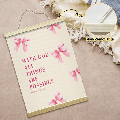 Pink Bow Coquette Poster Hanger Frame, With God All Things Are Possoble Bible Verse Christian Posters Canvas Wall Art for Women Girls Dorm Bedroom Decor, 12x16 Inches -031