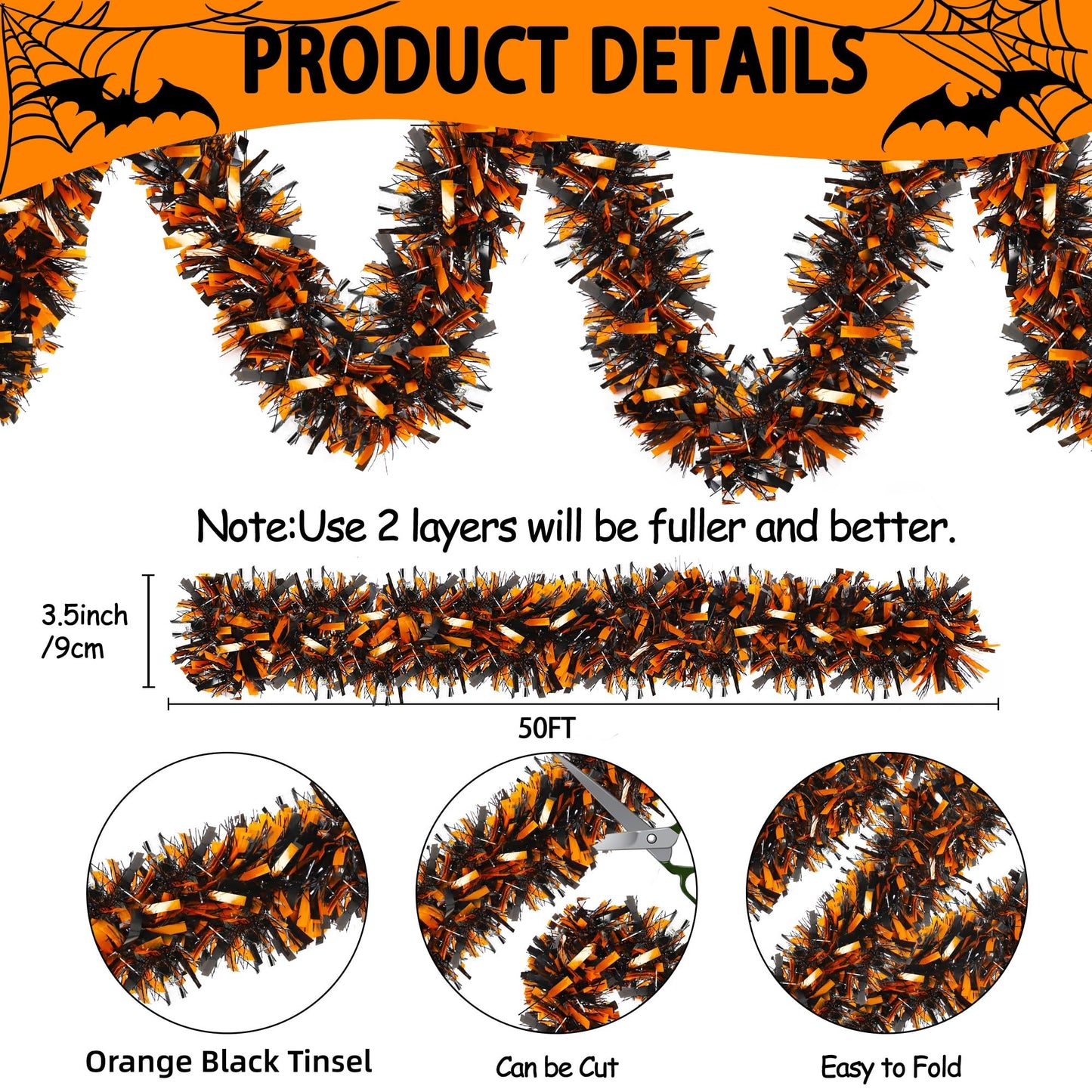 Halloween Decorations, 50FT Halloween Tinsel Garland Shiny Orange Black Metallic Twist Hanging Garland for Indoor Outdoor Home Tree Stairs Party Decorations