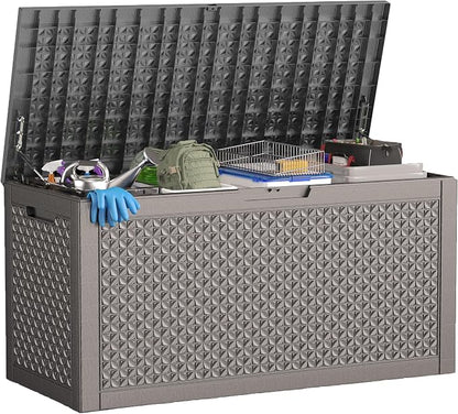 ROJIK Outdoor Storage Housing Deck Box - Waterproof Patio Furniture, Garden Tools, Cushions, Pool Accessories Storage Bench with Lockable Lid and Side Handles (Grey,125 Gal)