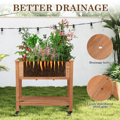 Nature Crafted Raised Garden Bed with Lockable Wheels, 32x16x32 inch Elevated Wood Planter with Storage Shelf Protective Liner for Vegetable Flower Herb Outdoor Balcony Patio Backyard, Brown