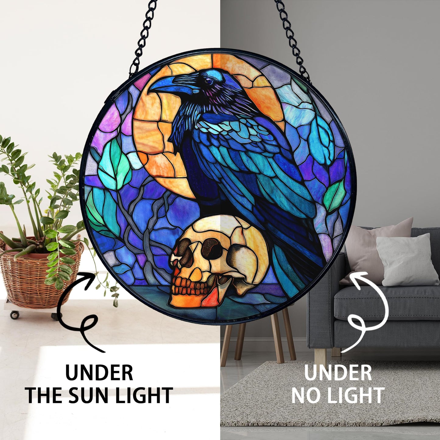TNUW Black Raven Halloween Stained Glass Window Hanging, Gothic Skull Black Crow Sun Catchers Indoor Window Glass Round Wall Art Decor, Halloween Wall Hanging Decorations, 7.9＂x7.9＂