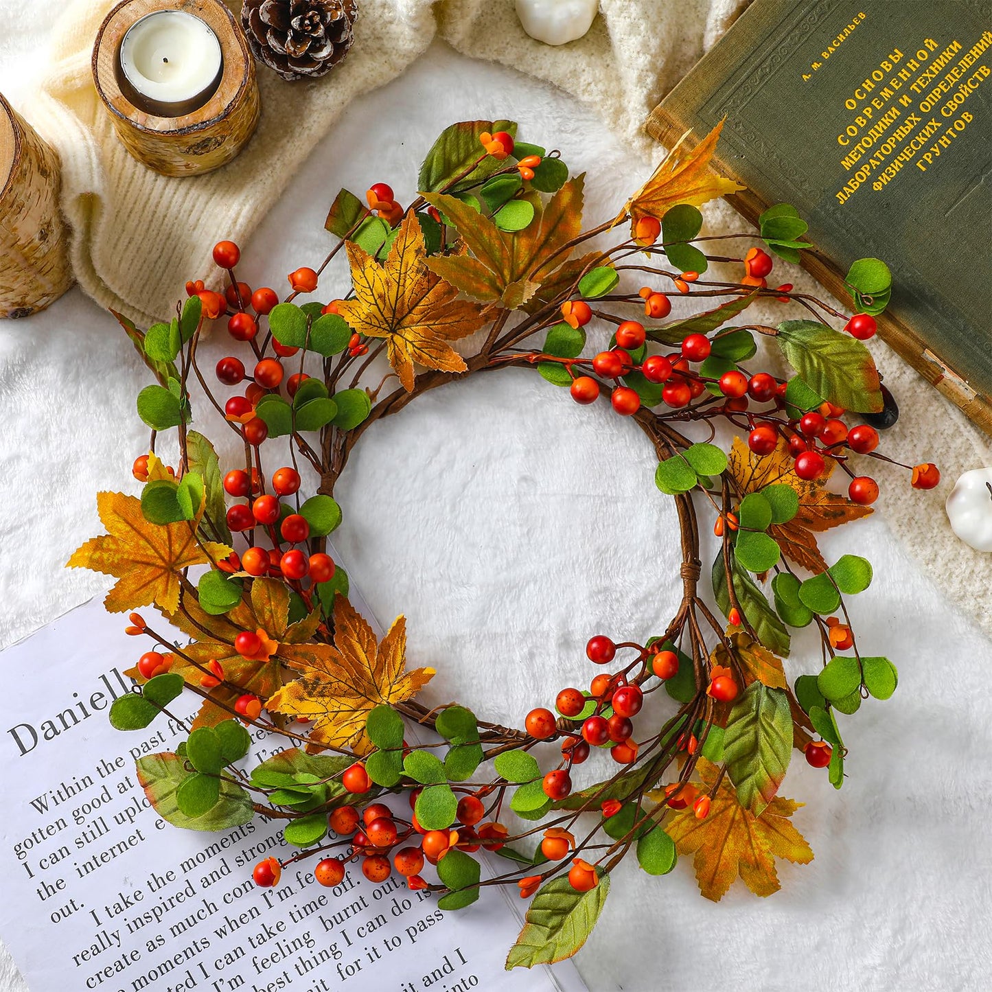 FineCheer 1 Pcs 12'' Outer Fall Thanksgiving Candle Rings Artificial Maple Leaves Berries Garland for Candlestick Autumn Wreath Candle Holders for Table Centerpiece Front Door Decor