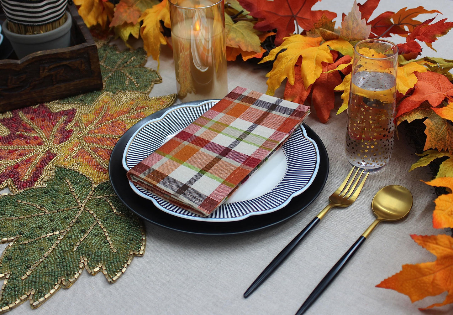 COTTON CRAFT Harvest Plaid Cloth Napkin - Set of 12 Pure Cotton Dinner Napkins - Everyday Fall Halloween Thanksgiving Holiday Party Table Napkin Gift - Reusable Napkin - 17x17 - Rust Orange Multi