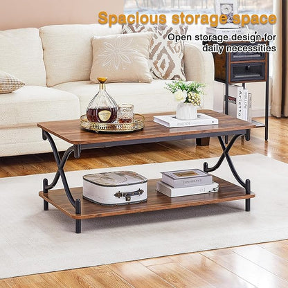 VECELO Coffee Table for Living Room with Round Corners Modern Farmhouse Center Table with Storage Shelf for Home Office 39 Inch, Easy Assembly, Retro Brown