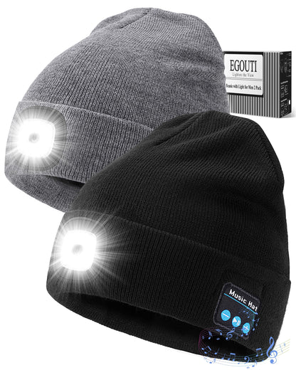 Bluetooth Beanie Hat with Light for Men 2 Pack, Rechargeable LED Beanie with Light, Headlamp Cap Wireless Headphones Built-in Speaker Mic for Teens Stocking Stuffers for Men(Back+Grey)