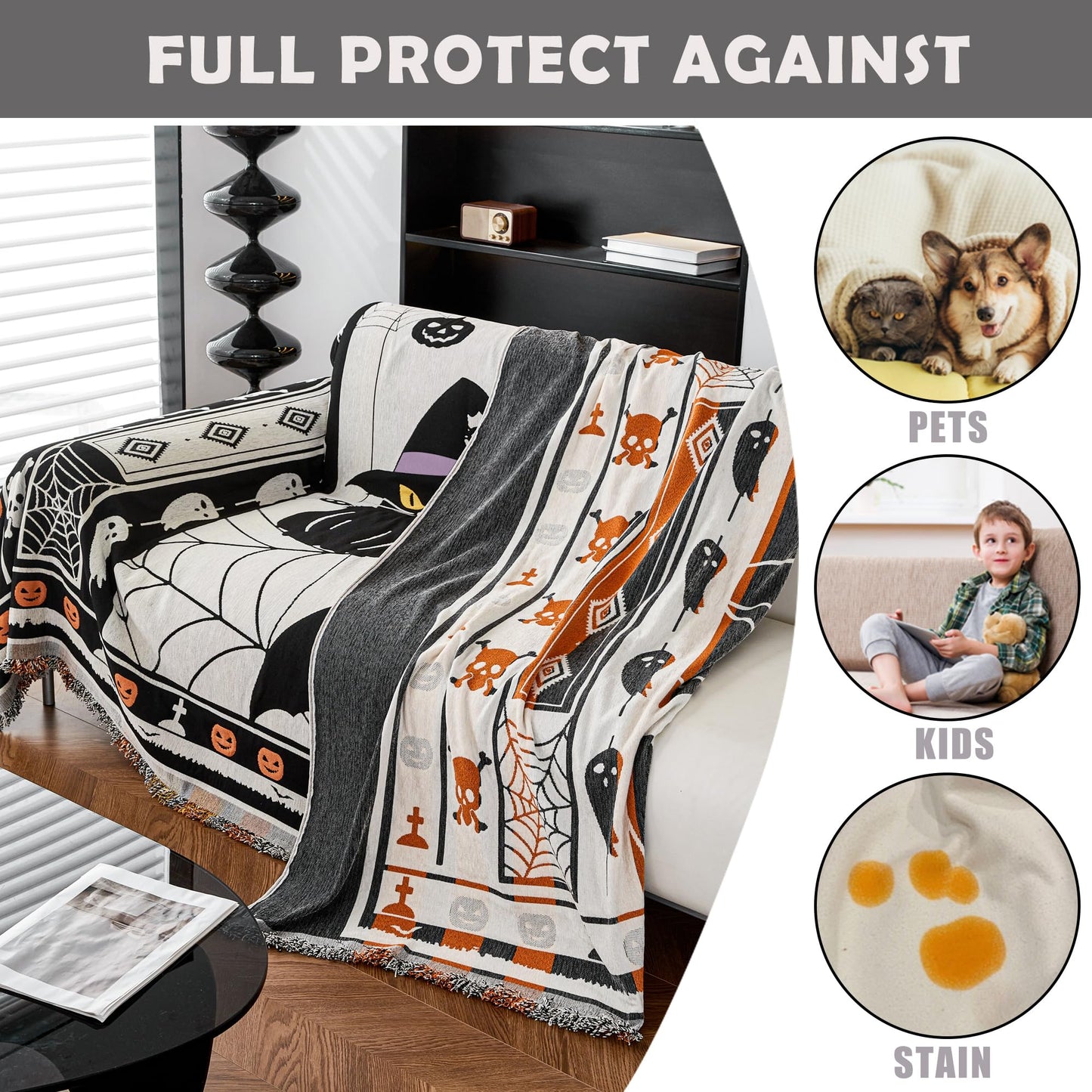 EVENHUG Halloween Theme Sofa Covers with Tassels Reversible Couch Cover for Pets Dogs Halloween Home Decoration Sofa Slipcover for 2-3 Cushion Couch Washable Chenille Couch Protector (71" X102")
