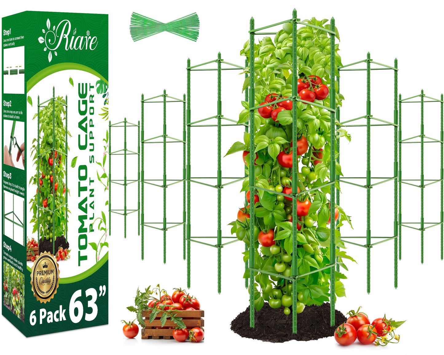 Riare 6 Pack 5.2 FT Tomato Cages for Garden- 63inches Heavy Duty Garden Stakes, Adjustable Tall Tomato Plant Support Tomato Trellis Cage for Pots, Raised Garden Bed, Climbing Vegetables Plants Flowers