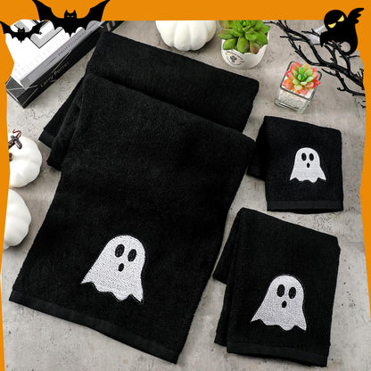 Peryiter 3 Pcs Beach Hand Towels for Bathroom Cotton Embroidered 1 Bath Towel 1 Hand Towel and 1 Wash Cloth Absorbent Bath Sheets for Bathroom Decor (Black,Halloween)