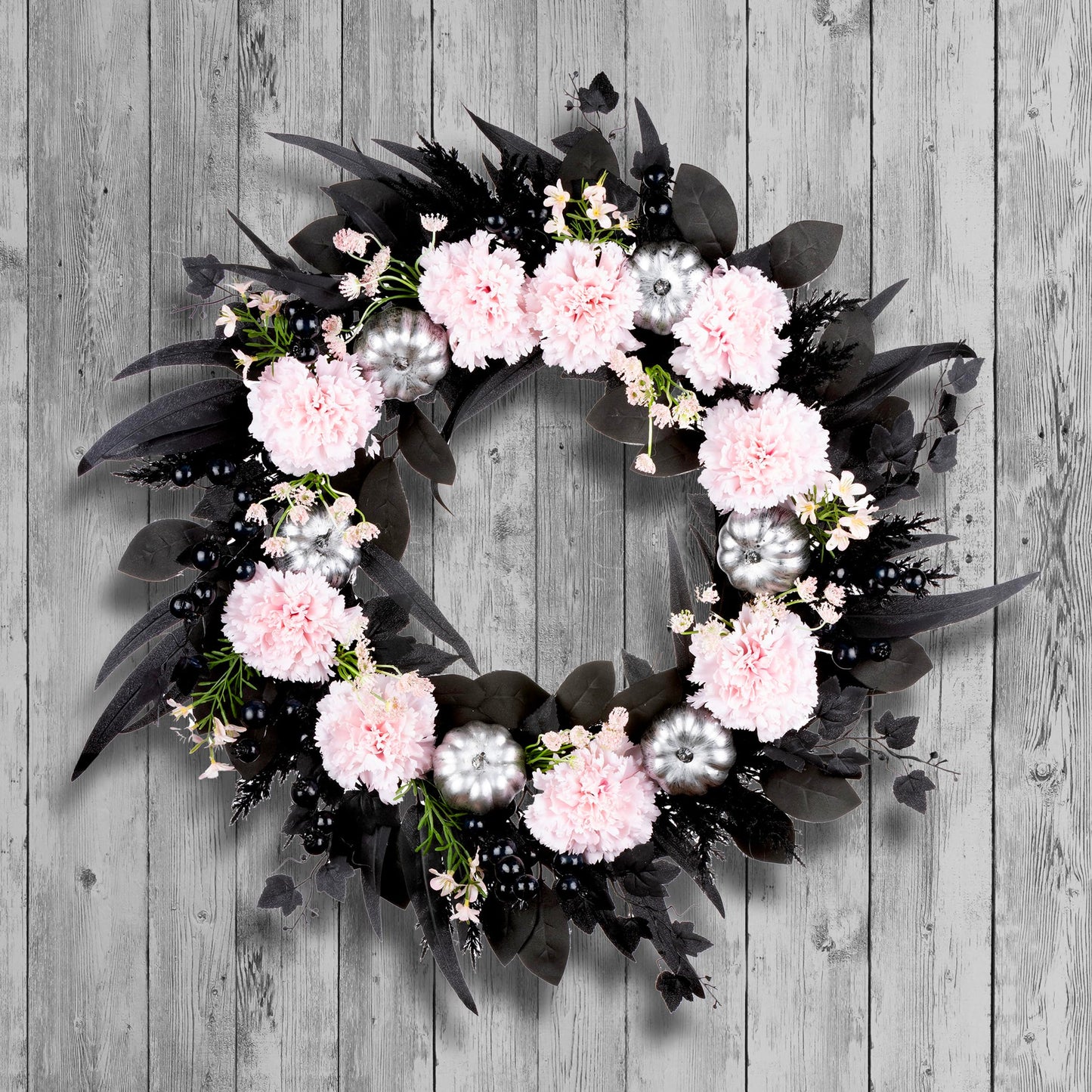 National Tree Company Artificial Pretty Morbid Pink Carnation Halloween Wreath, Black, Silver Pumpkins, 26inch