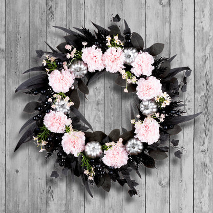 National Tree Company Artificial Pretty Morbid Pink Carnation Halloween Wreath, Black, Silver Pumpkins, 26inch
