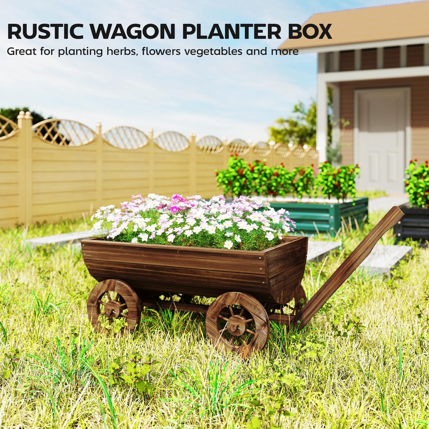 Outsunny Wooden Wagon Planter Box, Mobile Garden Planter with 4 Wheels and Handle, Small Wheelbarrow Wagon Flower Cart with Drainage Hole for Outdoor Patio, Garden, Balcony