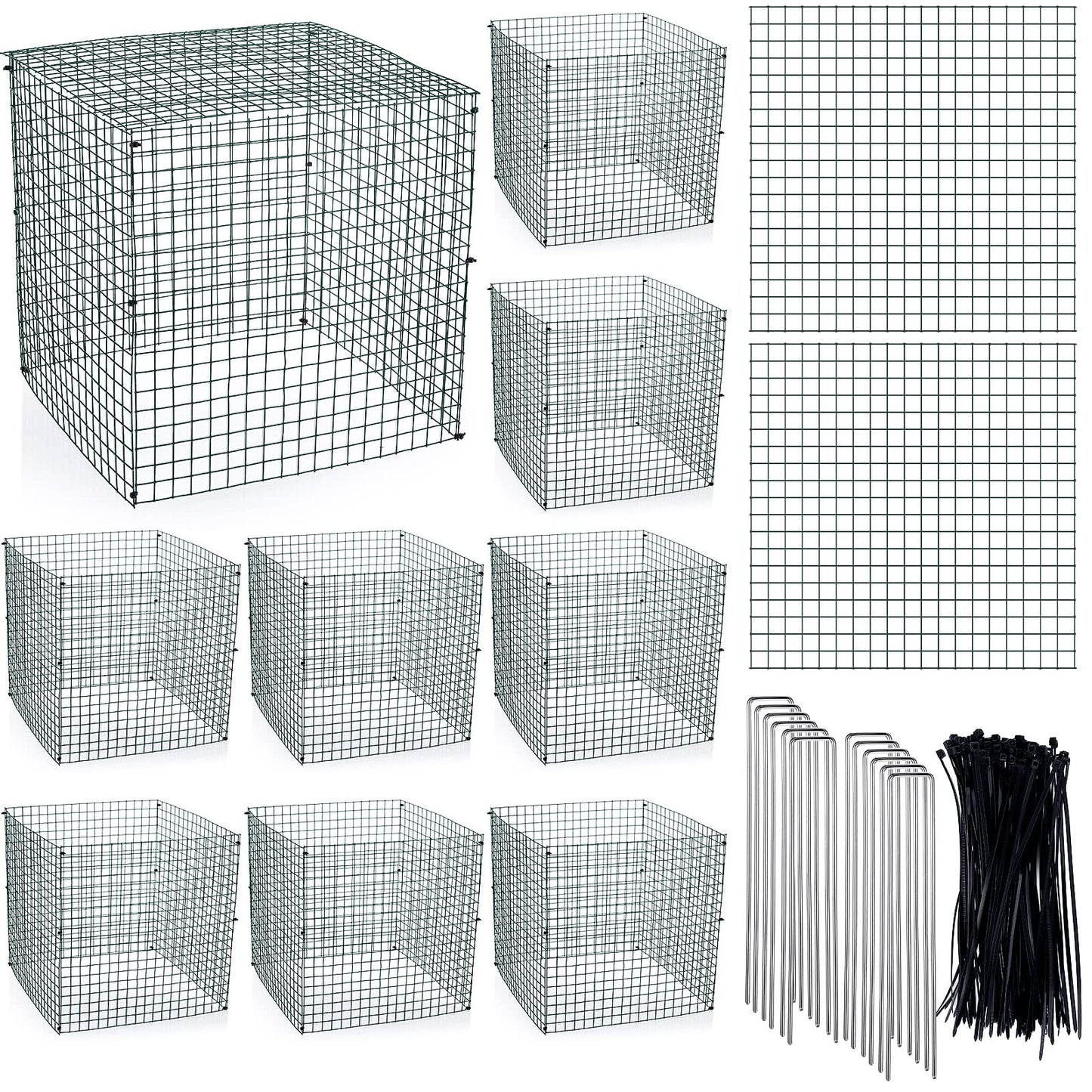 Zubebe 10 Pack Small Wire Plant Protectors Square Plant Protectors from Animals Mesh Cage Chicken Wire Cloche for Shrubs with Ground Stakes and Nylon Ties(Thickness 1mm,Dark Green)