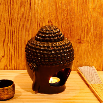 Omonic Porcelain Zen Garden Yoga Meditation Black Thai Buddha Head Statue Essential Oil Burner Home Decor (Black)