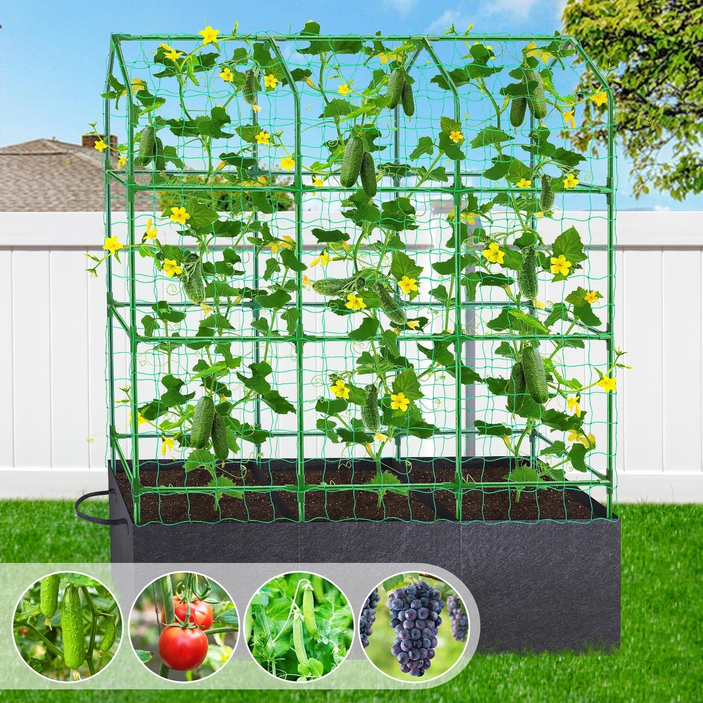 50x65x18 Inch Cucumber Trellis for Raised Bed - with 46 Gallon Grow Bags, Garden Trellis for Climbing Plants Outdoor with Climbing Net and Plant Support for Cucumber, Tomato, Vegetable, Grape, Vine