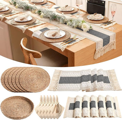 6 Sets Boho Decoration Placemats Round Woven Placemats, Cloth Napkins, Wood Bead Napkin Rings, Long Table Runner and Farmhouse Burlap Cotton for Table Kitchen (Gray,12x72)