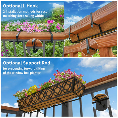 HFHOME 24 Inch Deck Railing Planter Box with Horse Trough Coco Liner, 24" Window Boxes with Coconut Coir Liner, Black Metal Hanging Flower Planter Basket for Outdoor Indoor Lawn - 4 Pack