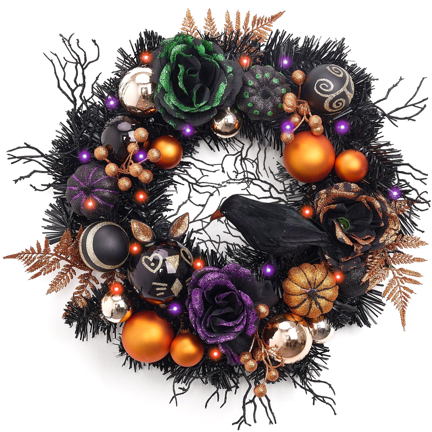 Valery Madelyn 18 Inch Halloween Wreath with Lights for Front Door, Collapsible Pre-Lit Wreath with Fake Crow Pumpkin Halloween Decorations for Home Wall Decor