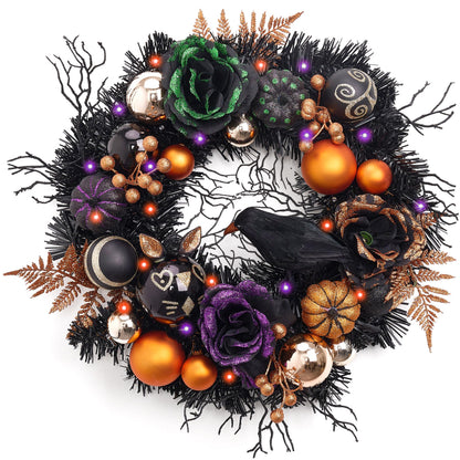 Valery Madelyn 18 Inch Halloween Wreath with Lights for Front Door, Collapsible Pre-Lit Wreath with Fake Crow Pumpkin Halloween Decorations for Home Wall Decor