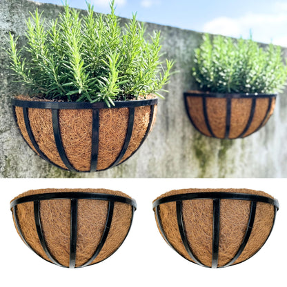 LalaGreen Wall Planters (2 Pack, 16 Inch) Black Metal Deck Railing Planter Boxes with Coco Liners, Window Flower Box for Outdoor Plants, Modern Horse Trough Fence, Balcony, Herb Patio Porch Over Rail