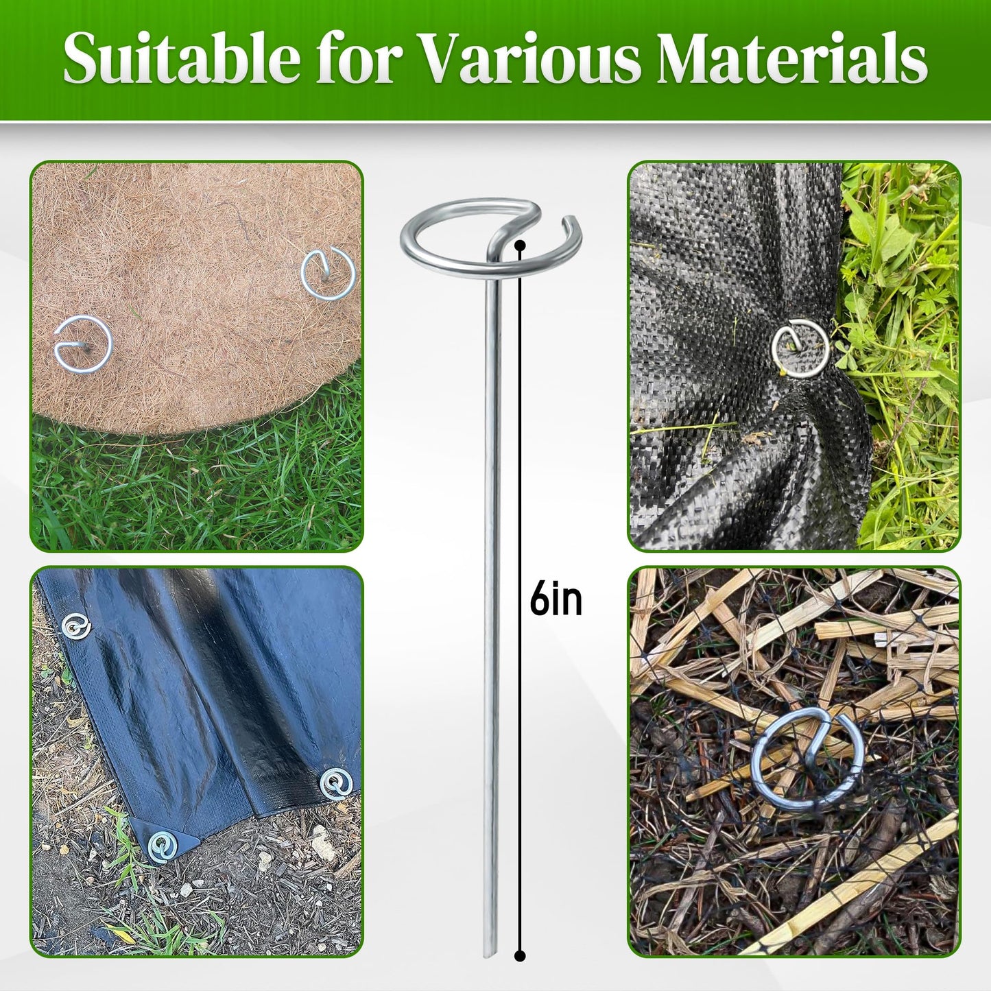 Quibbay 100 Pcs Circle Top Landscape Staples, 11 Gauge Landscape Fabric Pins, Not Easy to Bend 6 inch Galvanized Landscape Fabric Stakes, Garden Stakes for Landscaping, Heavy Duty Ground Stakes