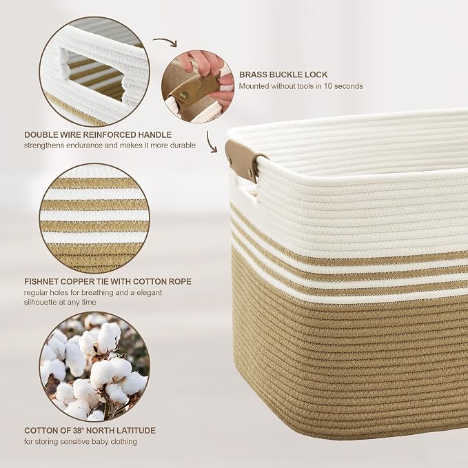 60L Large Laundry Basket with Leather Handles for Living Room Storage, Woven Rope BasketsBin for Blanket, Kids Toy, Gifts, Wicker Hamper for Bedroom Dirty Clothes, 21"x15"x11" Khaki