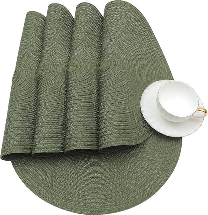 SHACOS Round Placemats Set of 4 Washable 15 inch Round Table Mats Cotton Polyester Woven Braided Place Mats for Dining Table Wedding Party Decor (Olive Green, 4)