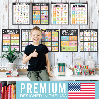 Hadley Designs Phonics Posters for Classroom Must Haves - 9 Sound Wall for Kindergarten & Elementary Teacher Supplies, Syllable, Vowels, Digraphs & Blends Bulletin Board Set, Chalkboard Classrom Decor