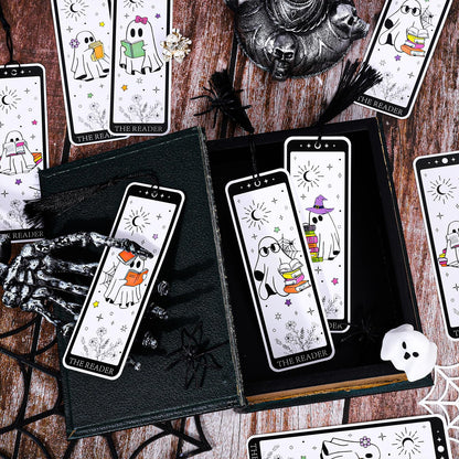 Whaline 60 Pcs Halloween Ghost Bookmark Cute Cartoon Reading Ghost Book Page Markers with Tassels for Book Lovers Student Teacher Home Classroom Supplies, Double-Sided