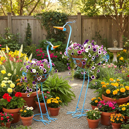 J-Fly 2 Sets Pelican Metal Flowers Plant Holders Stand with Coconut Pots, Plants Stand Indoor Flower Pots Outdoor, Room Home Living Room Front Outdoor Patio Decor, Gardening Valentine Decoration Gifts